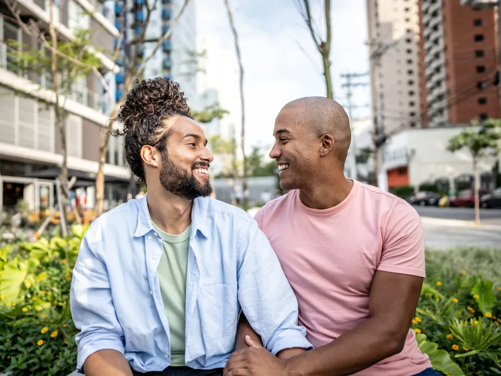 Gay couple smiling